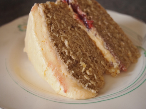 Vegan custard sponge cake slice